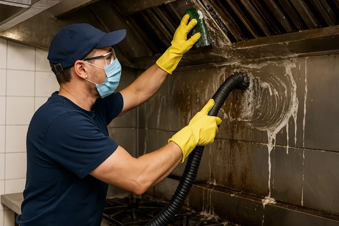 Professional cleaner wearing a mask and yellow gloves cleaning grease from a commercial kitchen exhaust hood.